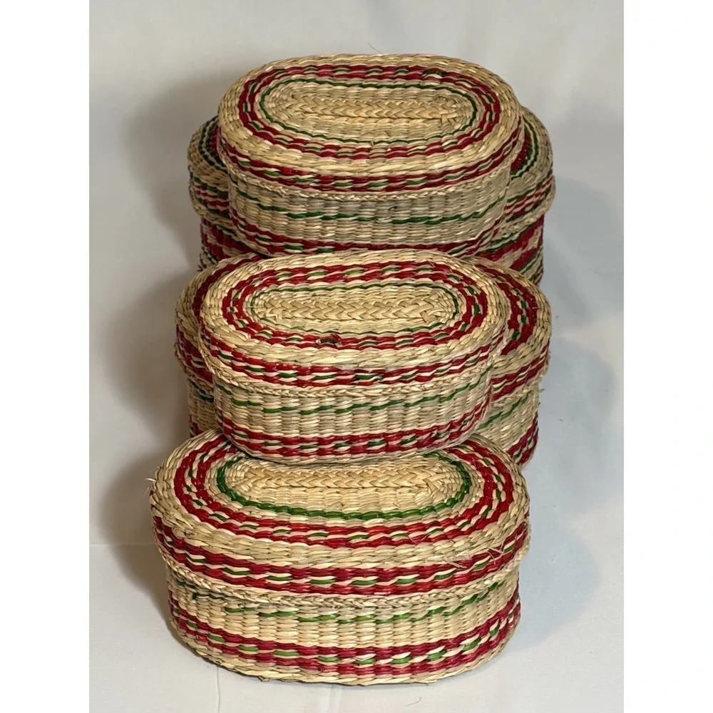 VTG 70s Nesting Baskets w Lids & Handles Set of 5, People's Republic of China
